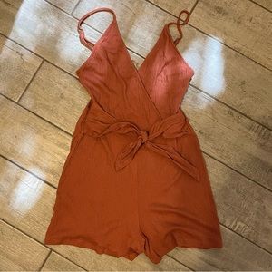 Rust Crinkle Knit Tie Waist Romper